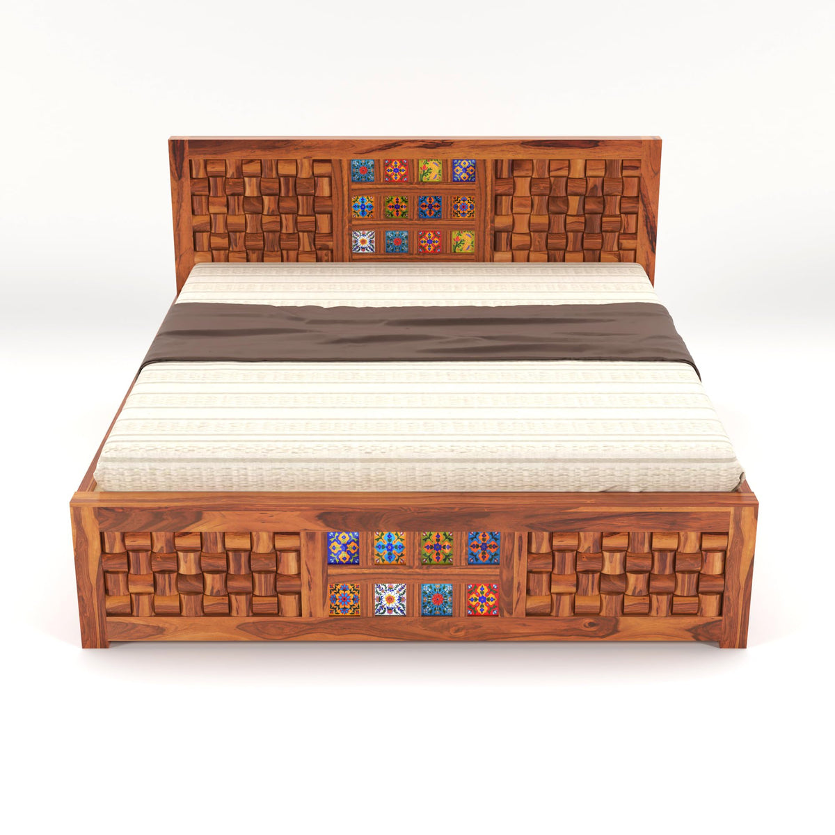 Bhagwati Art Sheesham Bed with Storage & 2 Bedside Tables – Niwar Tile – view 5
