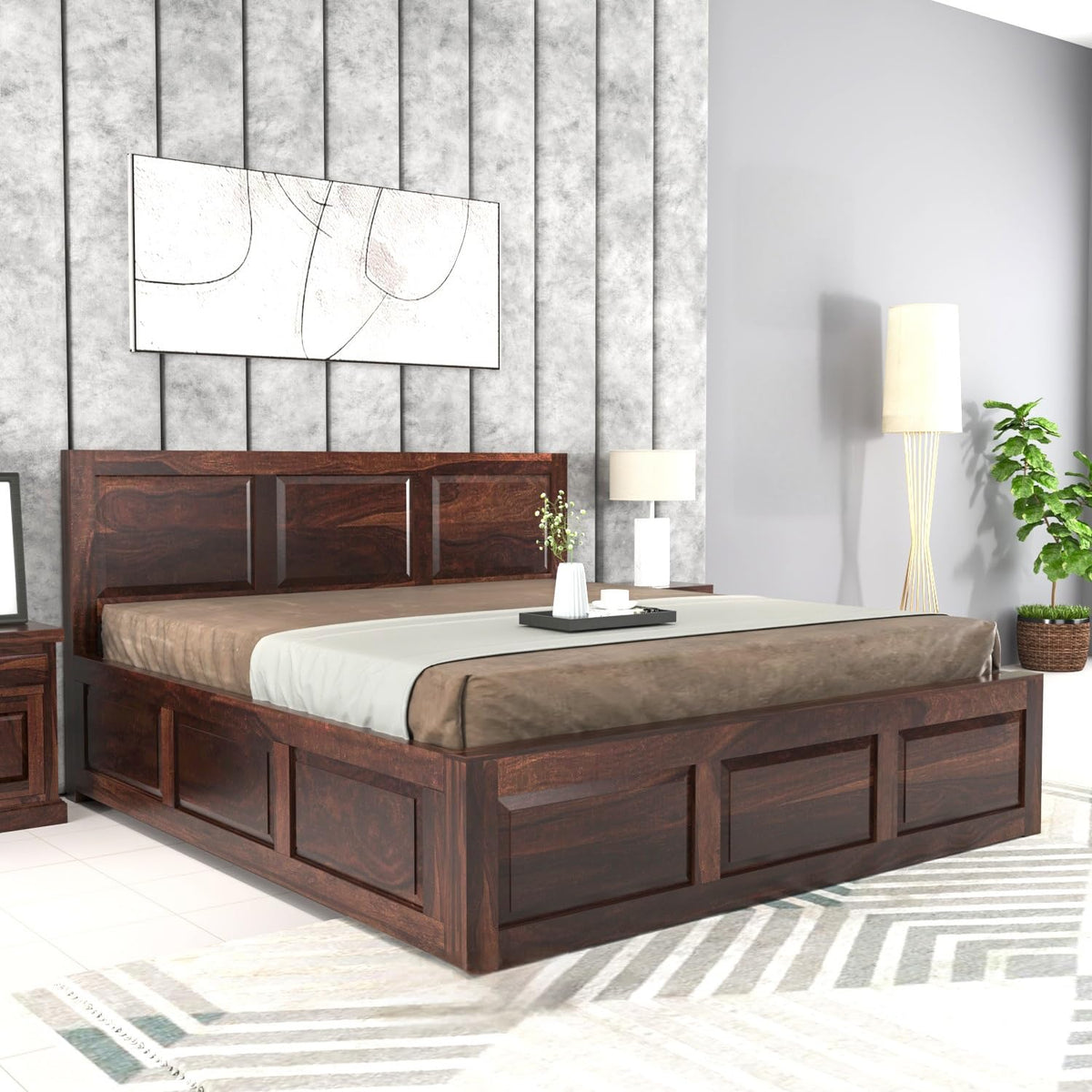 Bhagwati Art Sheesham Wood Bed with Box Storage – 3 Dalla Design in Walnut Finish