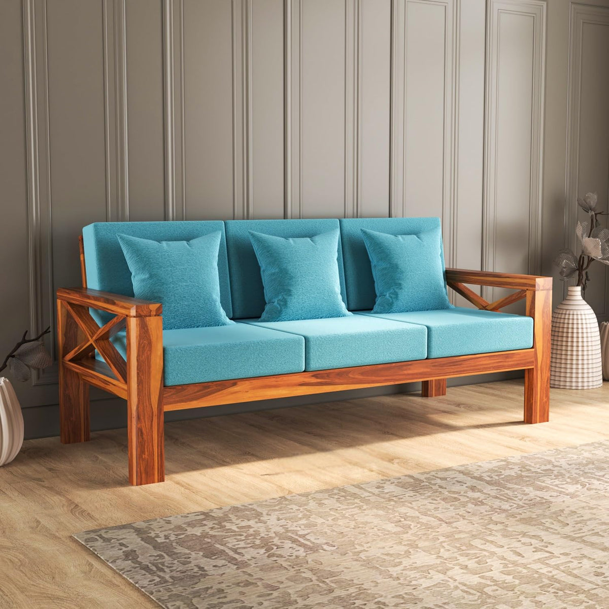 Bhagwati Art Sheesham Wood 3 Seater Sofa with X Design Armrests – view 1