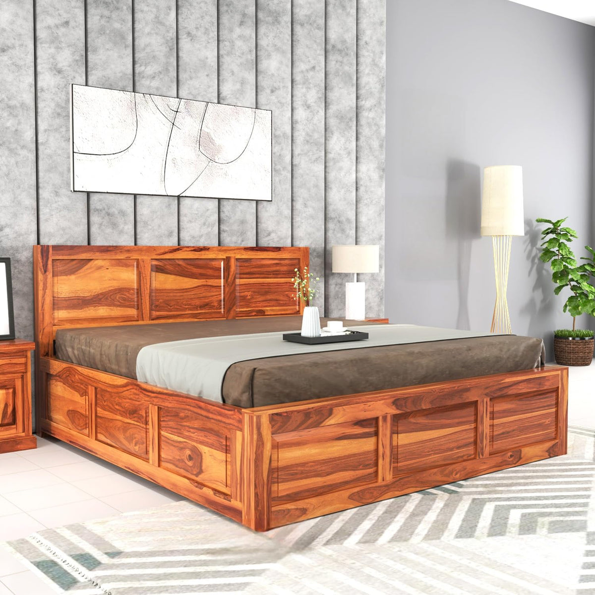 Bhagwati Art Sheesham Wood Bed with Box Storage – 3 Dalla Design in Honey Finish