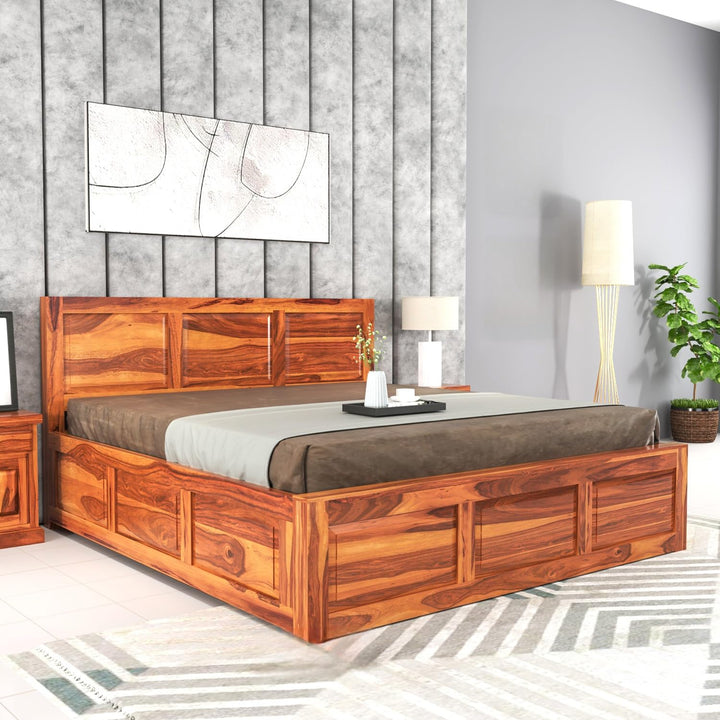 Bhagwati Art Sheesham Wood Bed with Box Storage – 3 Dalla Design in Honey Finish