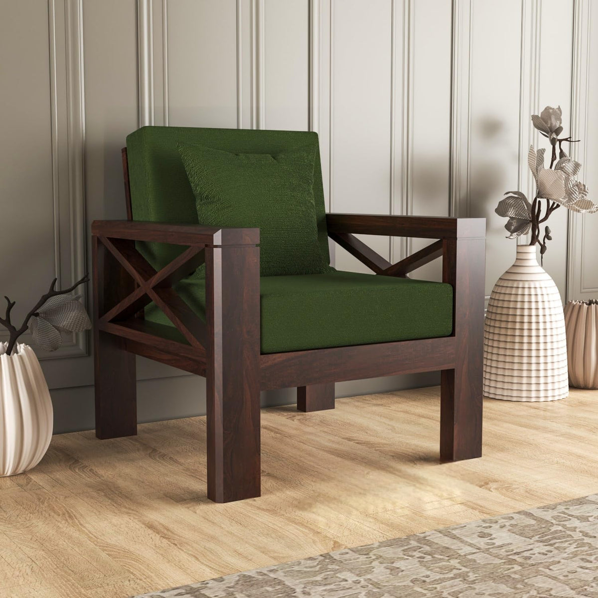 Bhagwati Art Sheesham Wood 1 Seater Sofa with X Design Armrests – view 11