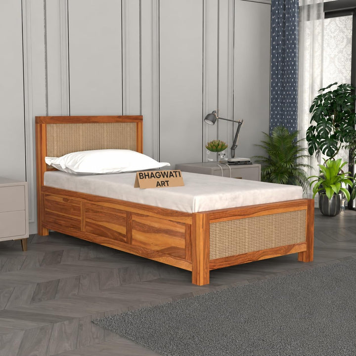Bhagwati Art Sheesham Single Bed with Box Storage – 2 Jali Rattan Cane in Honey Finish