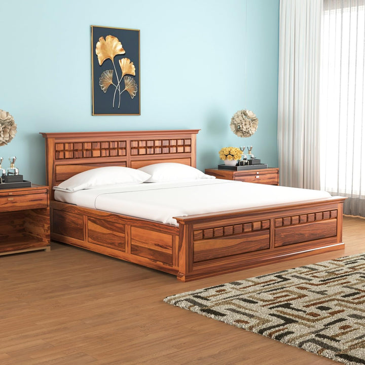 Bhagwati Art Sheesham Wood Bed with Box Storage – Chocolate 2D Design in Honey Finish