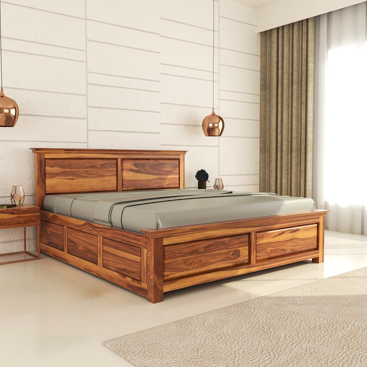 Bhagwati Art Sheesham Wood Bed with Box Storage – 2 Dalla Design in Honey Finish