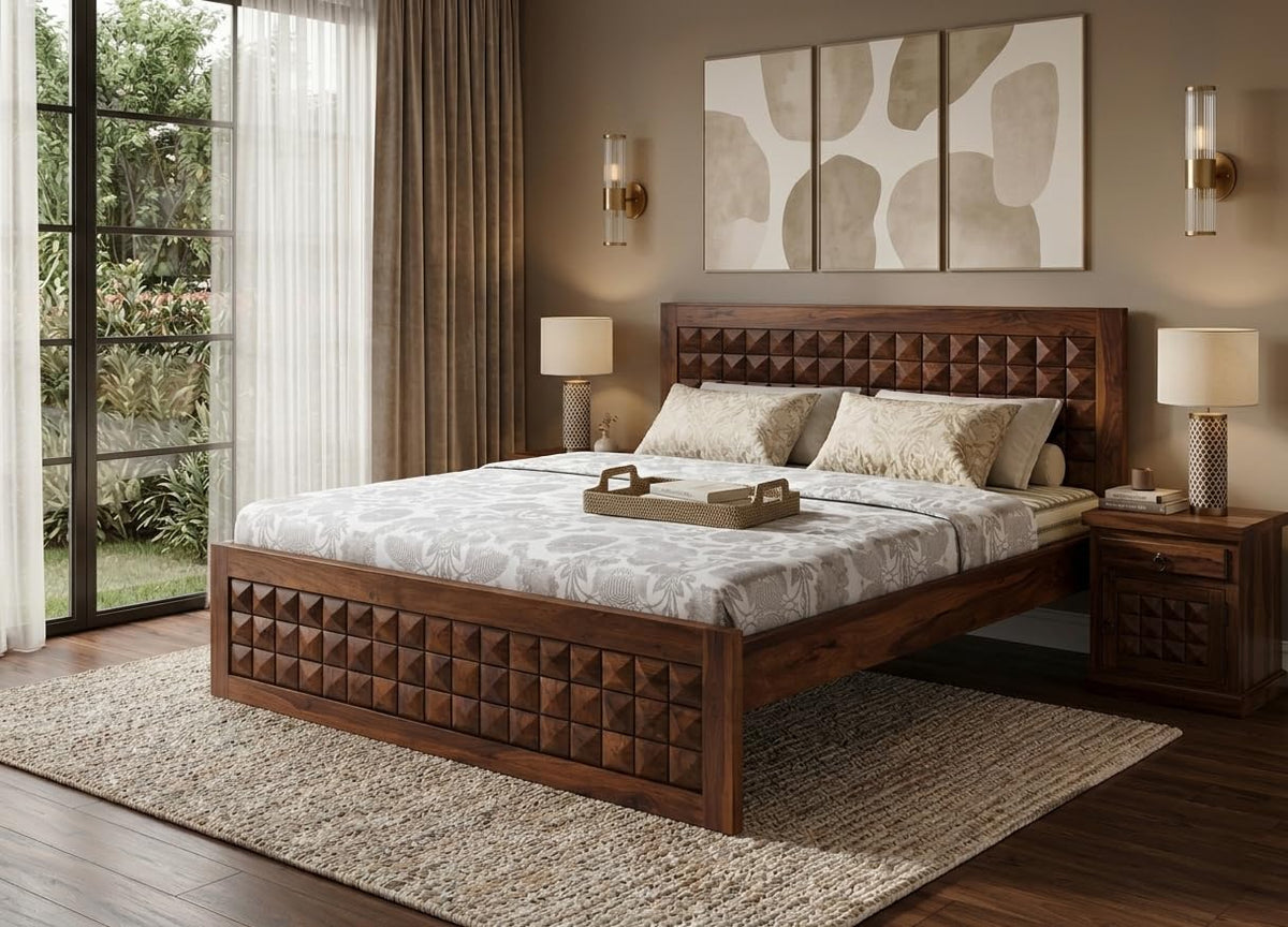 Bhagwati Art Sheesham Wood Bed without Storage – Diamond Design in Honey Finish