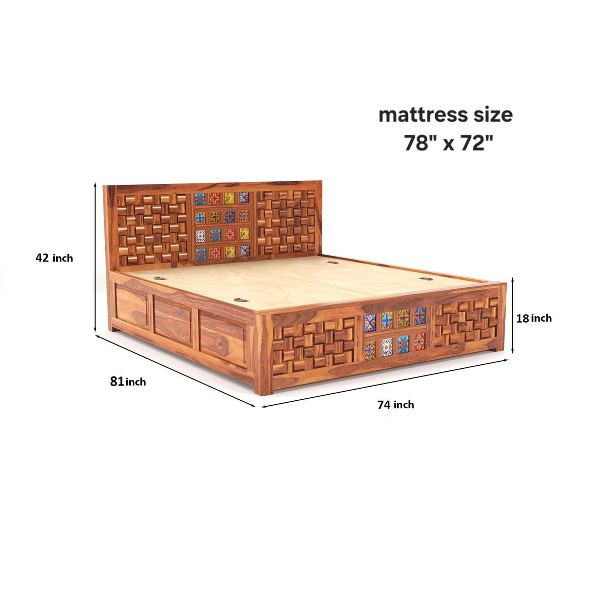Bhagwati Art Sheesham Bed with Storage & 2 Bedside Tables – Niwar Tile – view 2