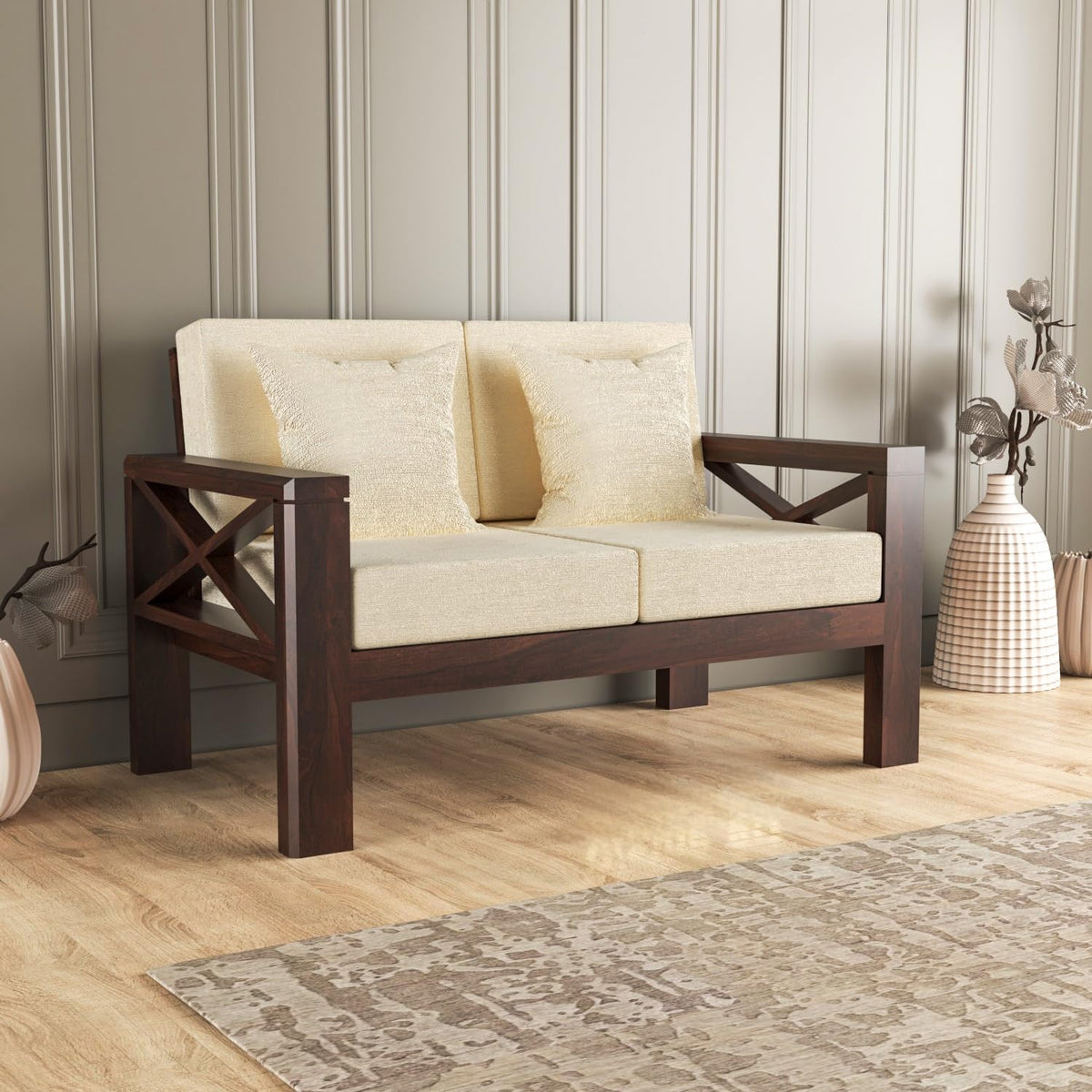 Bhagwati Art Sheesham Wood 2 Seater Sofa with X Design Armrests – view 6