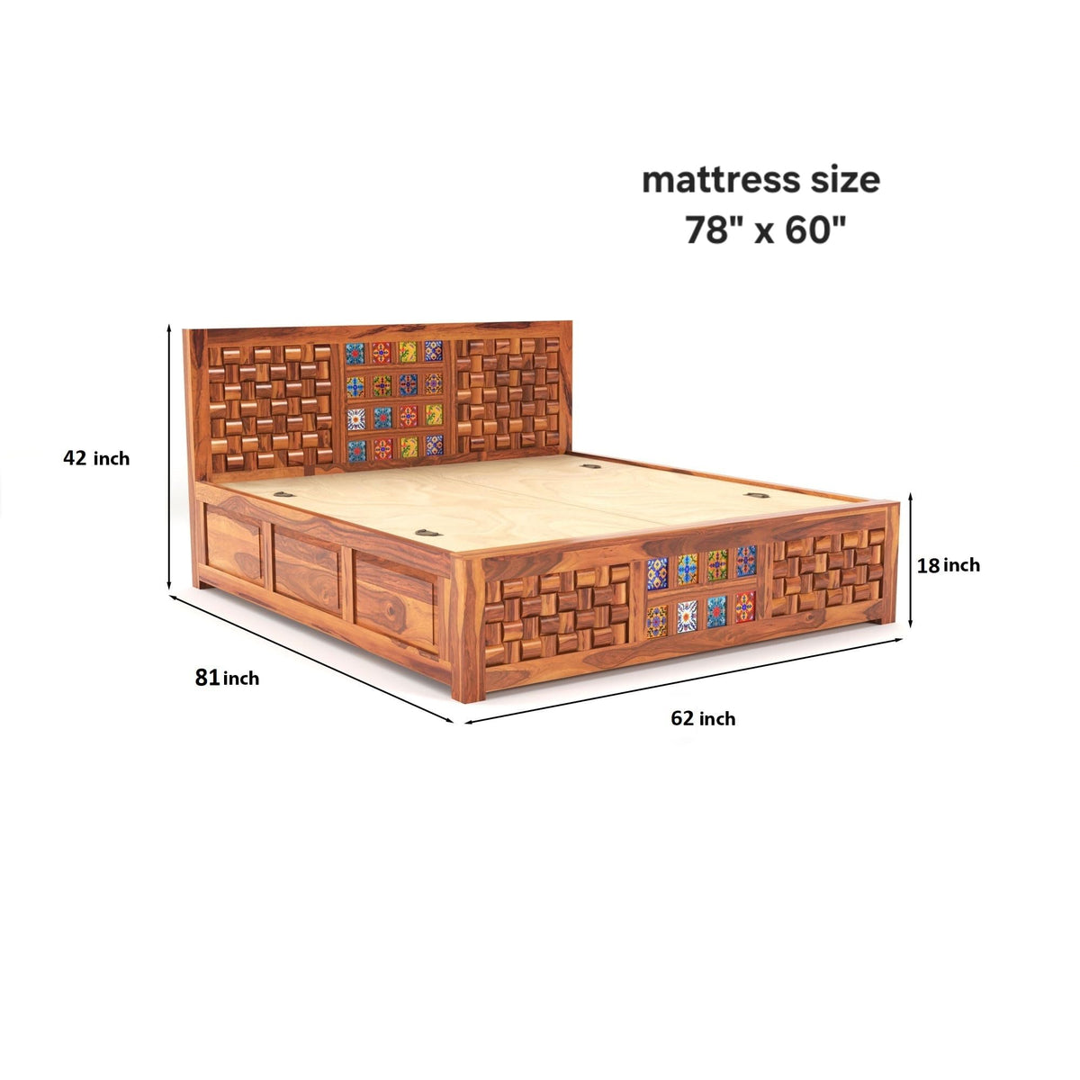 Bhagwati Art Sheesham Bed with Storage & 2 Bedside Tables – Niwar Tile – view 18
