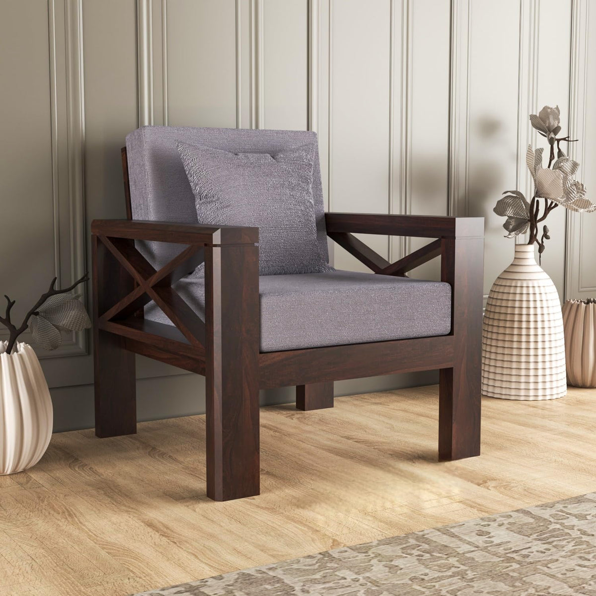 Bhagwati Art Sheesham Wood 1 Seater Sofa with X Design Armrests – view 16