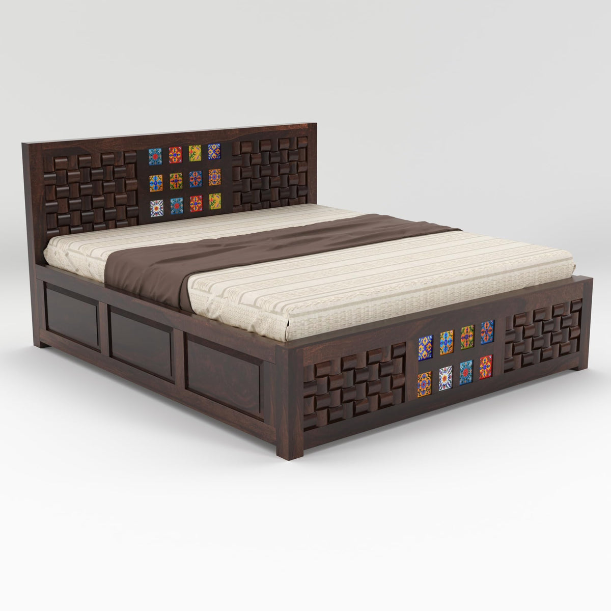 Bhagwati Art Sheesham Wood Bed with Box Storage – Niwar Tile Design – view 3