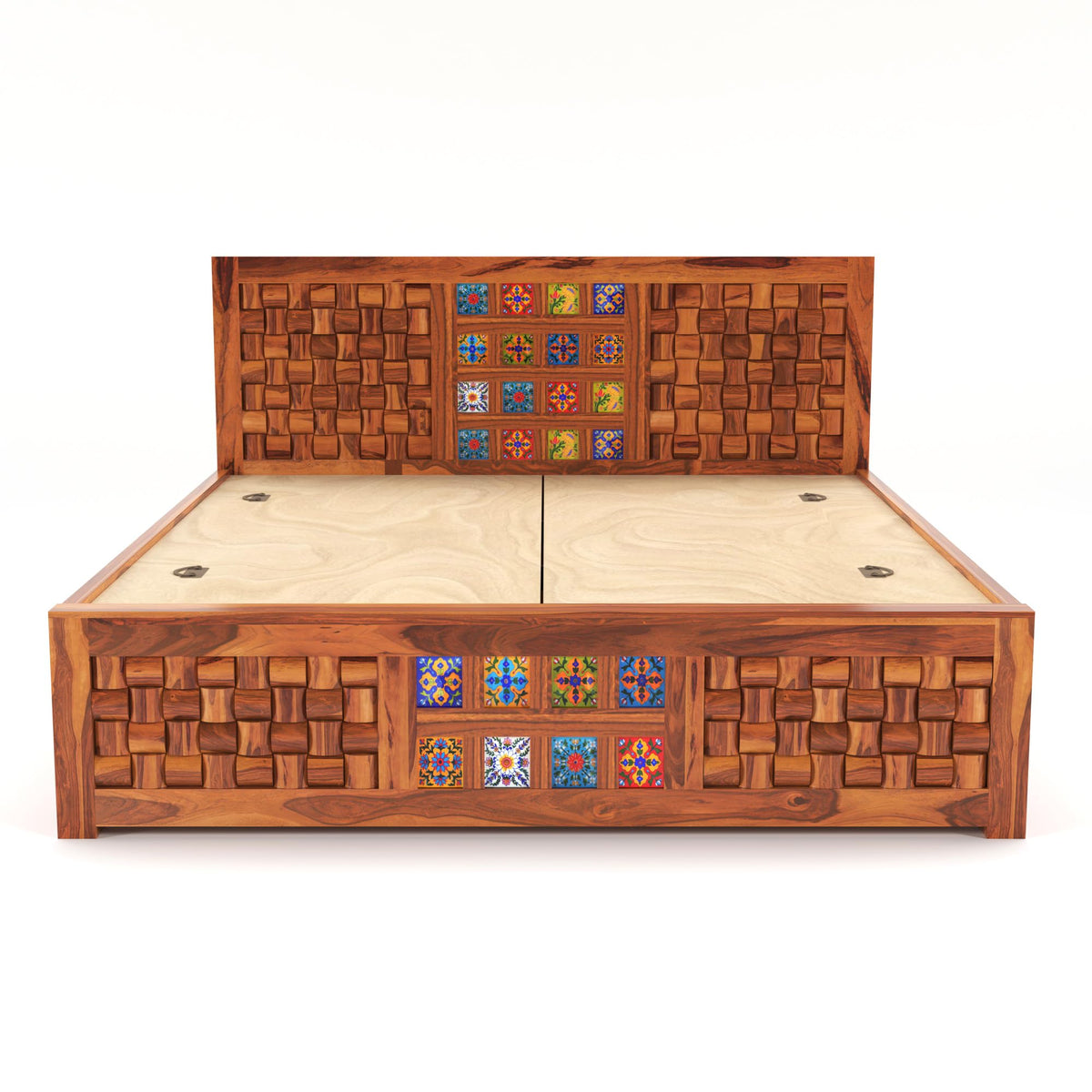 Bhagwati Art Sheesham Bed with Storage & 2 Bedside Tables – Niwar Tile – view 7