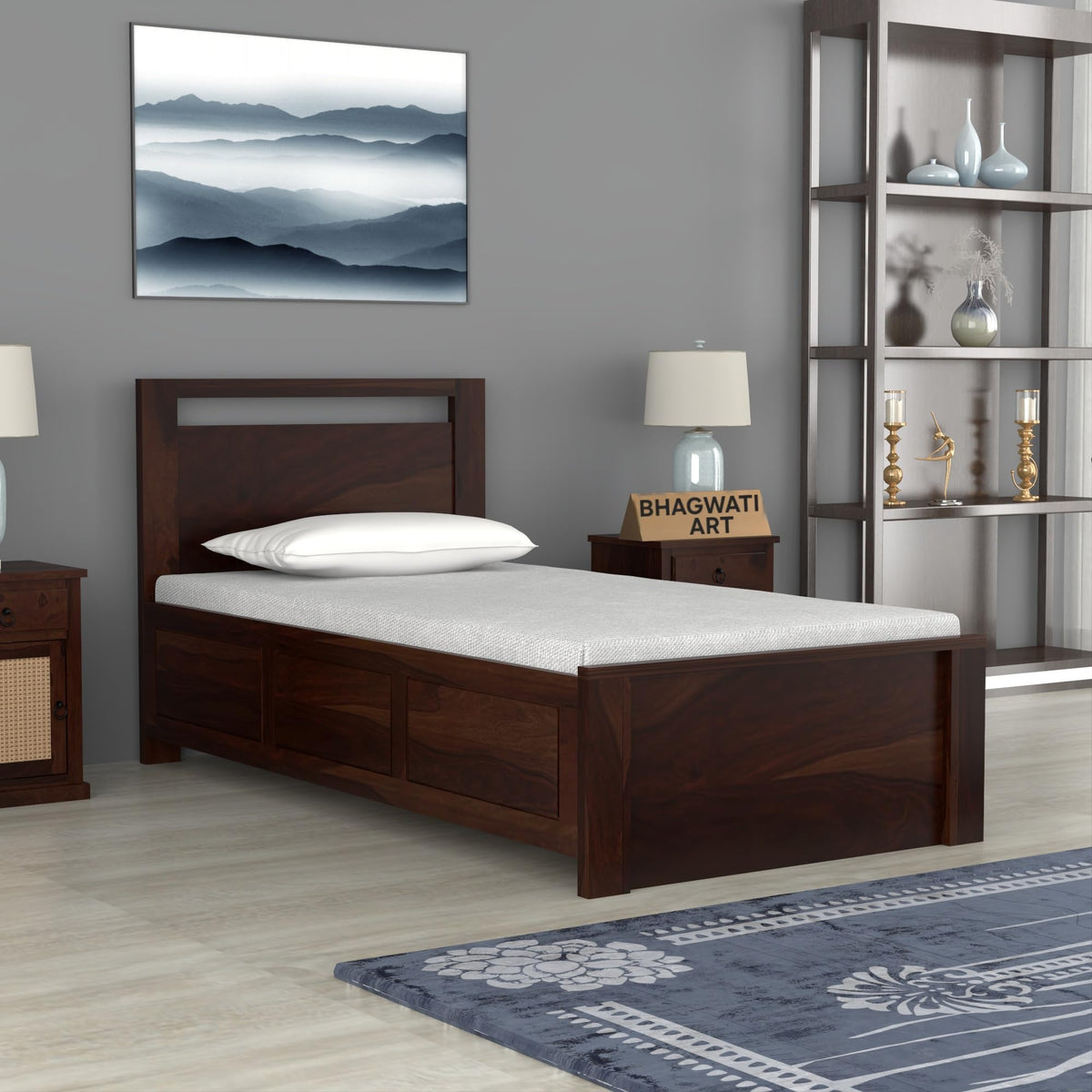 Bhagwati Art Sheesham Wood Single Bed with Hydraulic Storage – Modern in Walnut Finish