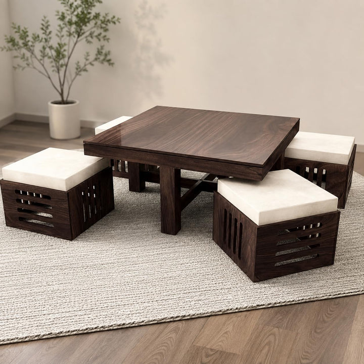 Bhagwati Art Sheesham Square Coffee Table with 4 Cushioned Stools in Walnut Finish