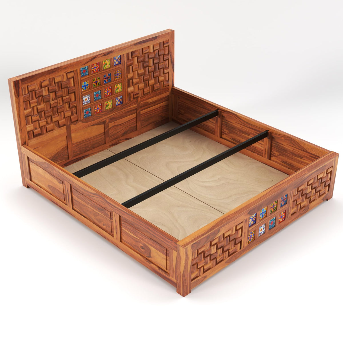 Bhagwati Art Sheesham Bed with Storage & 2 Bedside Tables – Niwar Tile – view 20