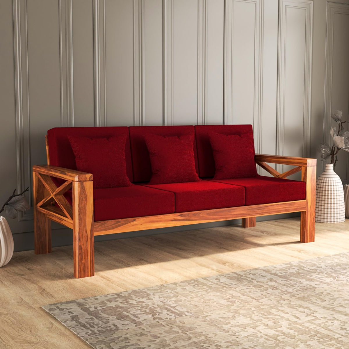 Bhagwati Art Sheesham Wood 3 Seater Sofa with X Design Armrests – view 21