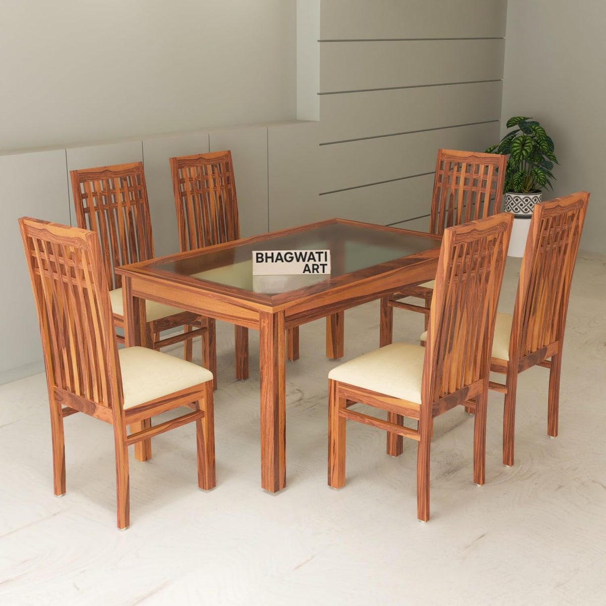 Bhagwati Art Sheesham Wood Dining Set with High Back Chairs – Plain in Honey Finish