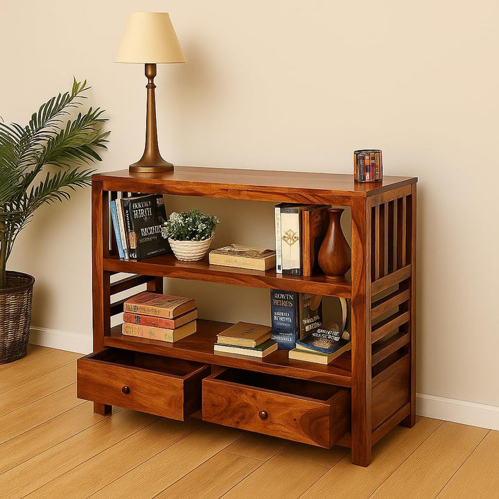 Bhagwati Art Sheesham Wood Console Table with 2 Drawers & 3 Shelves in Honey Finish