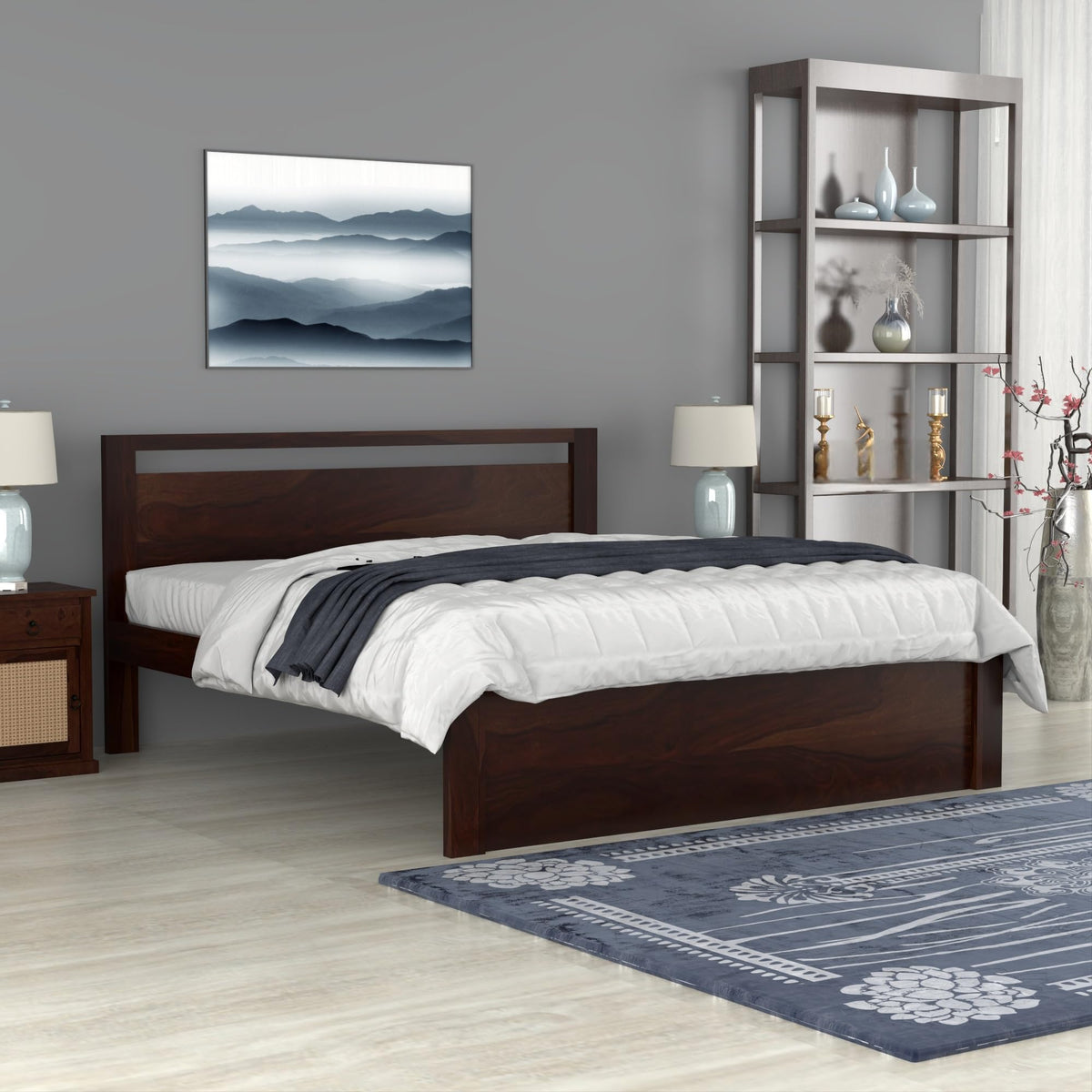 Bhagwati Art Sheesham Wood Bed without Storage – Modern Design in Walnut Finish