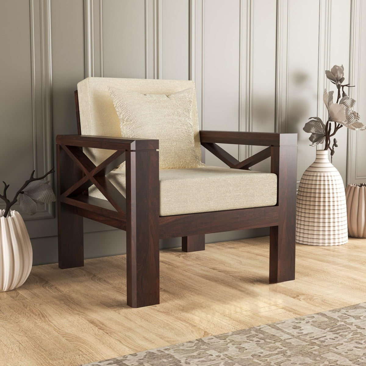Bhagwati Art Sheesham Wood 1 Seater Sofa with X Design Armrests – view 6