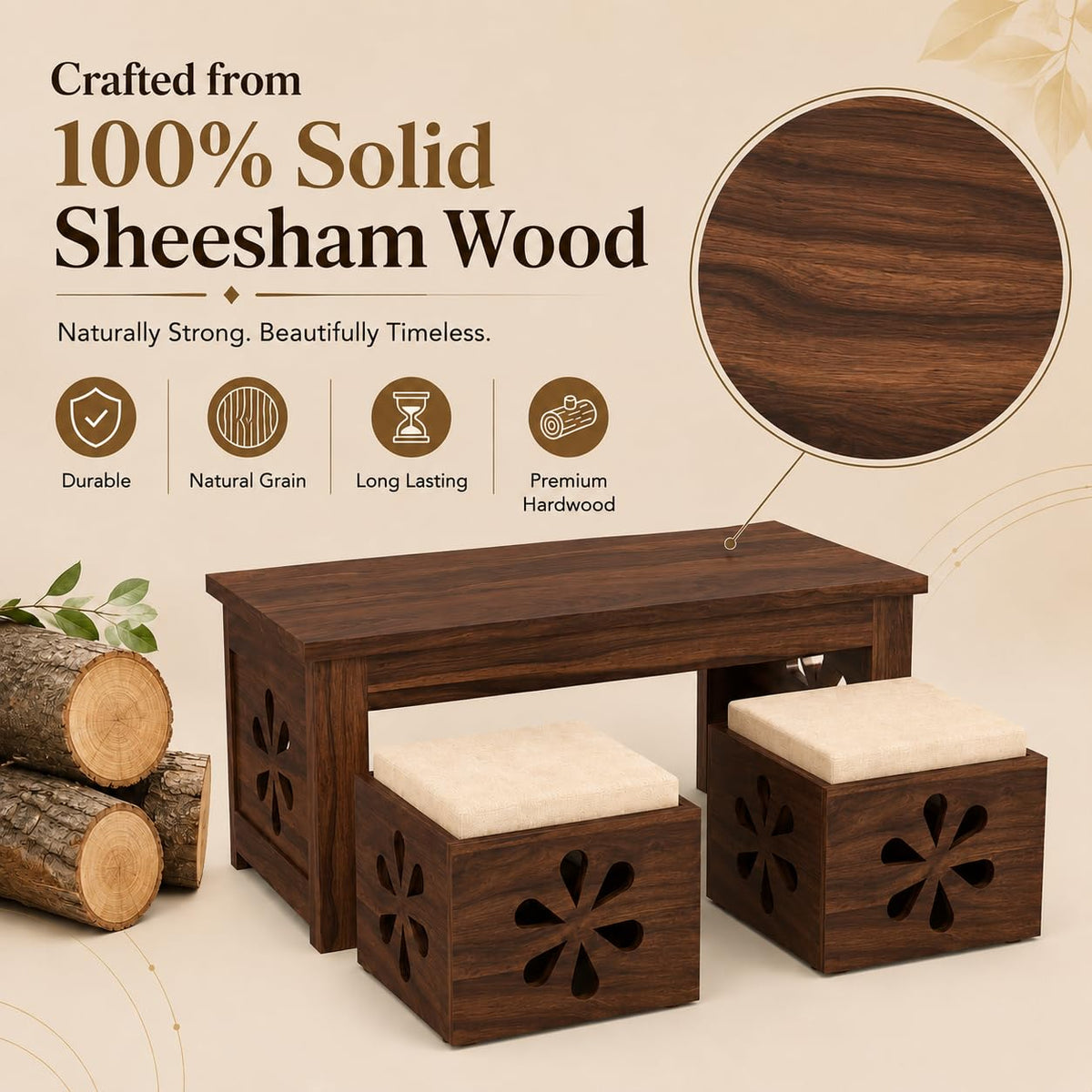 Bhagwati Art Sheesham Coffee Table with 2 Stools – Floral Jaali Design – view 15