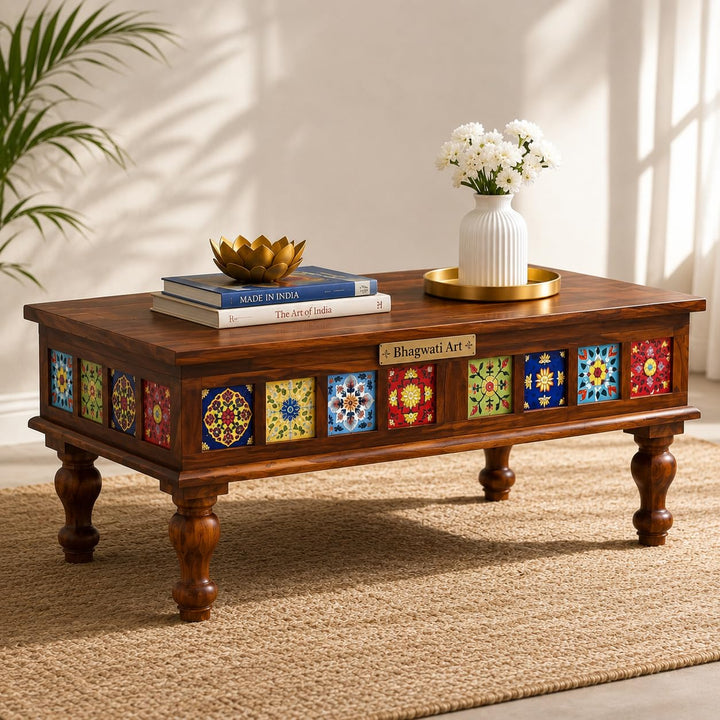 Bhagwati Art Solid Wood Coffee Table – Ceramic Tile Design in Honey Finish