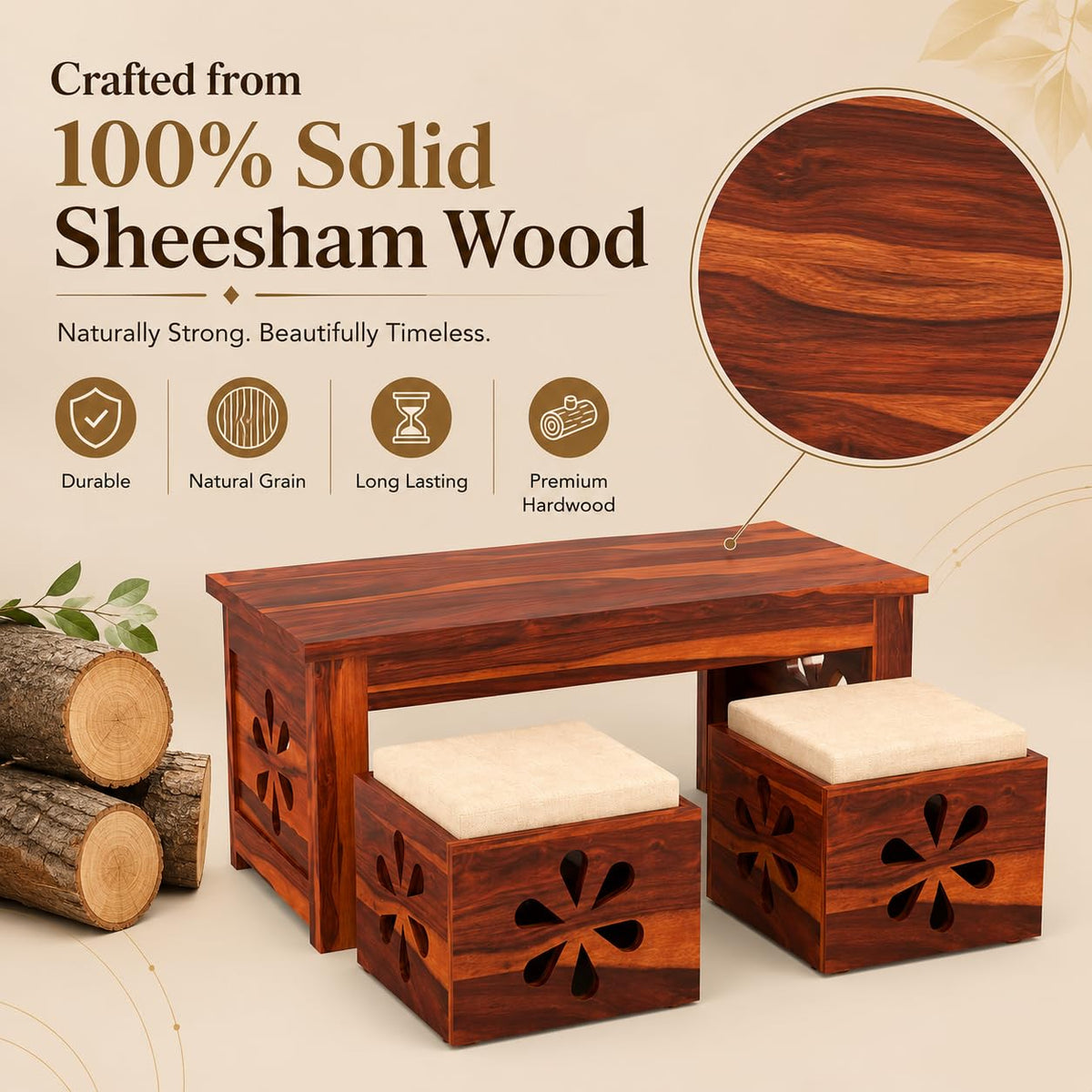 Bhagwati Art Sheesham Coffee Table with 2 Stools – Floral Jaali Design – view 7