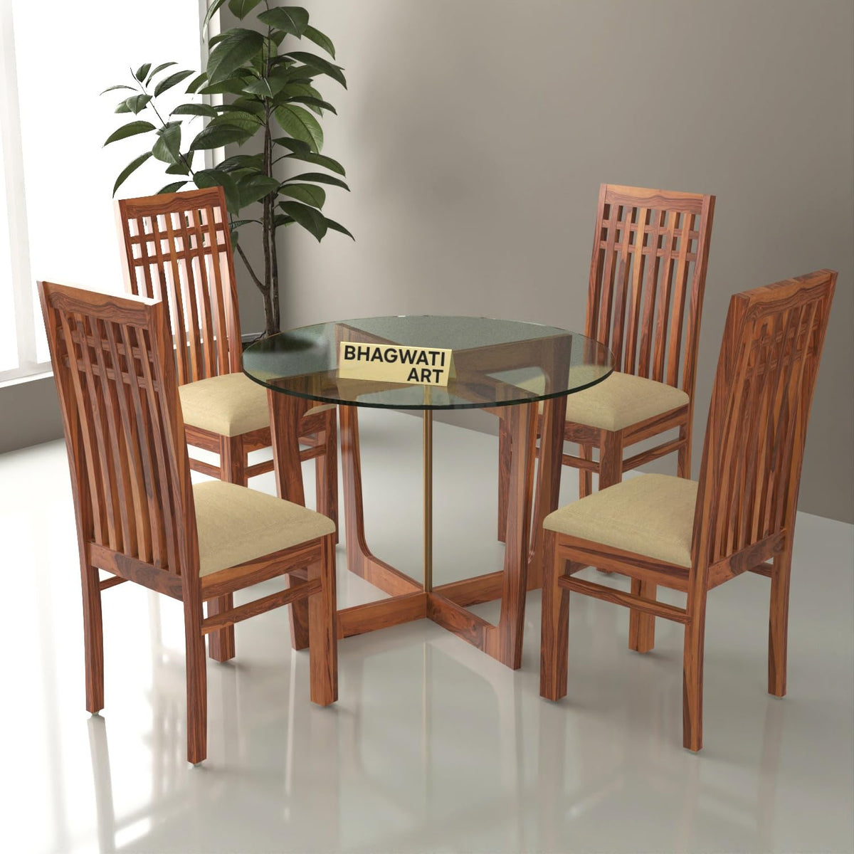 Bhagwati Art Sheesham Wood Dining Set with High Back Chairs – Round in Honey Finish