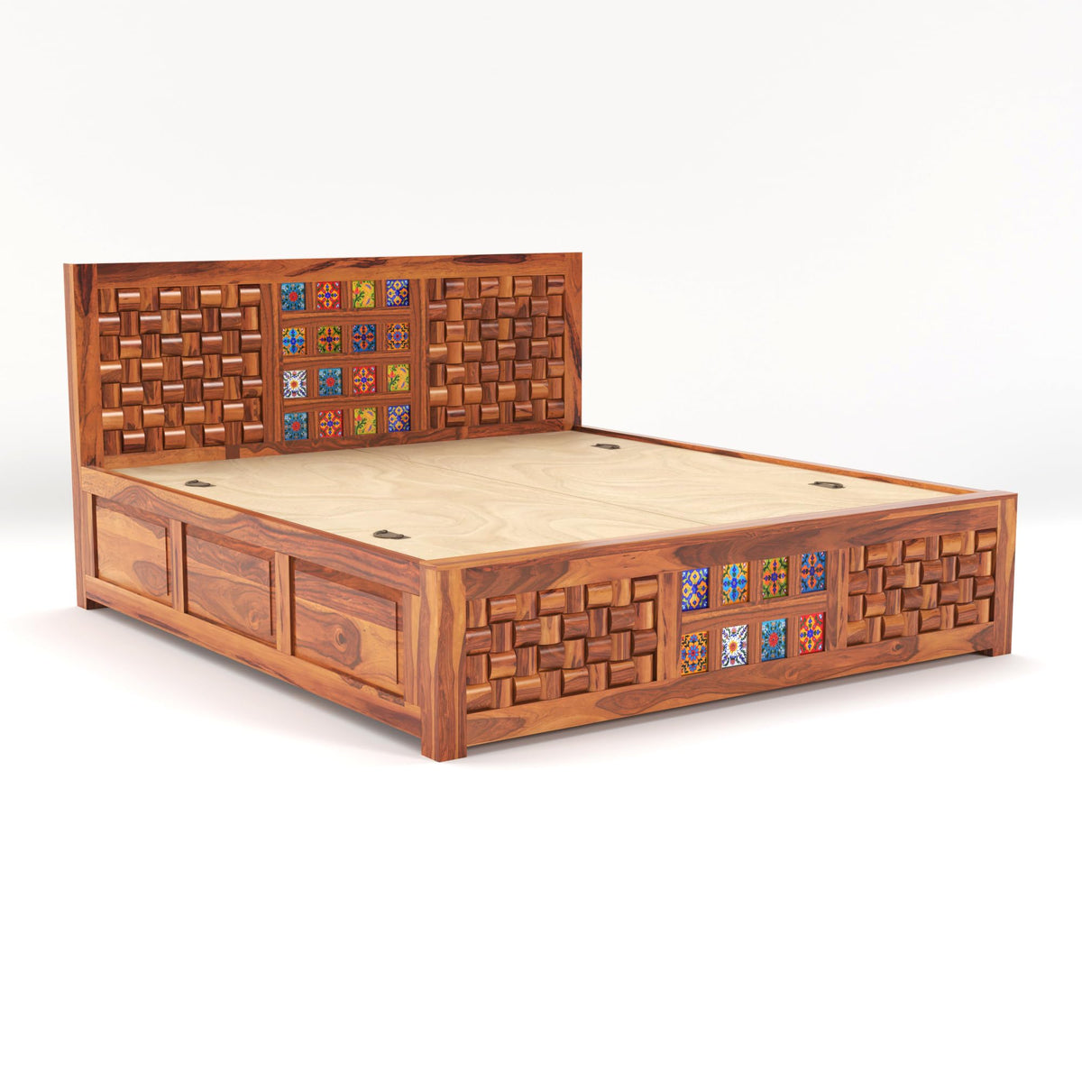 Bhagwati Art Sheesham Bed with Storage & 2 Bedside Tables – Niwar Tile – view 8