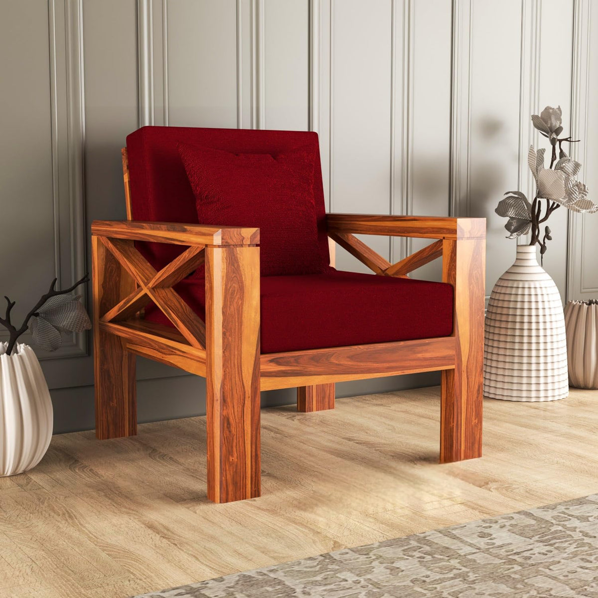 Bhagwati Art Sheesham Wood 1 Seater Sofa with X Design Armrests – view 21