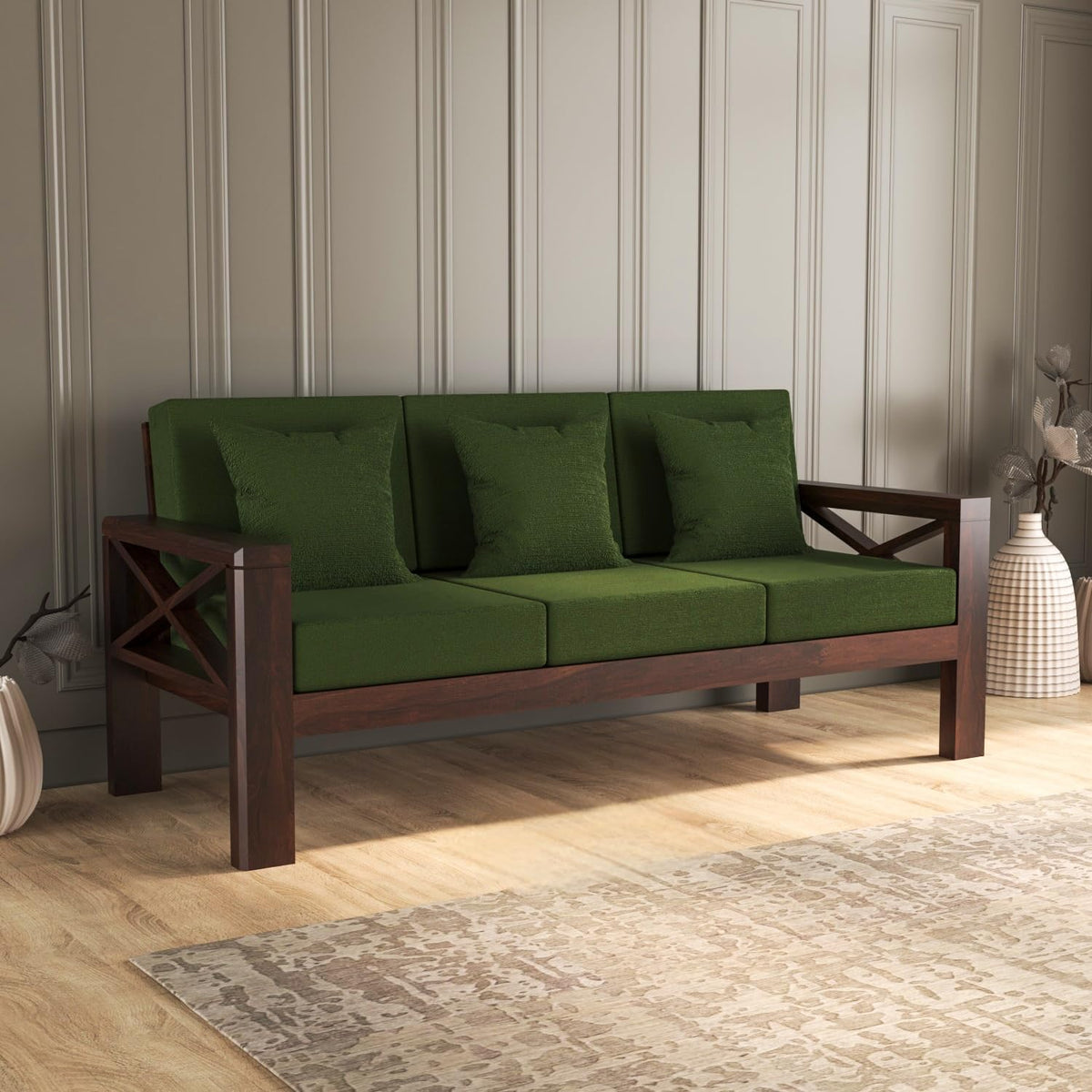 Bhagwati Art Sheesham Wood 3 Seater Sofa with X Design Armrests – view 11
