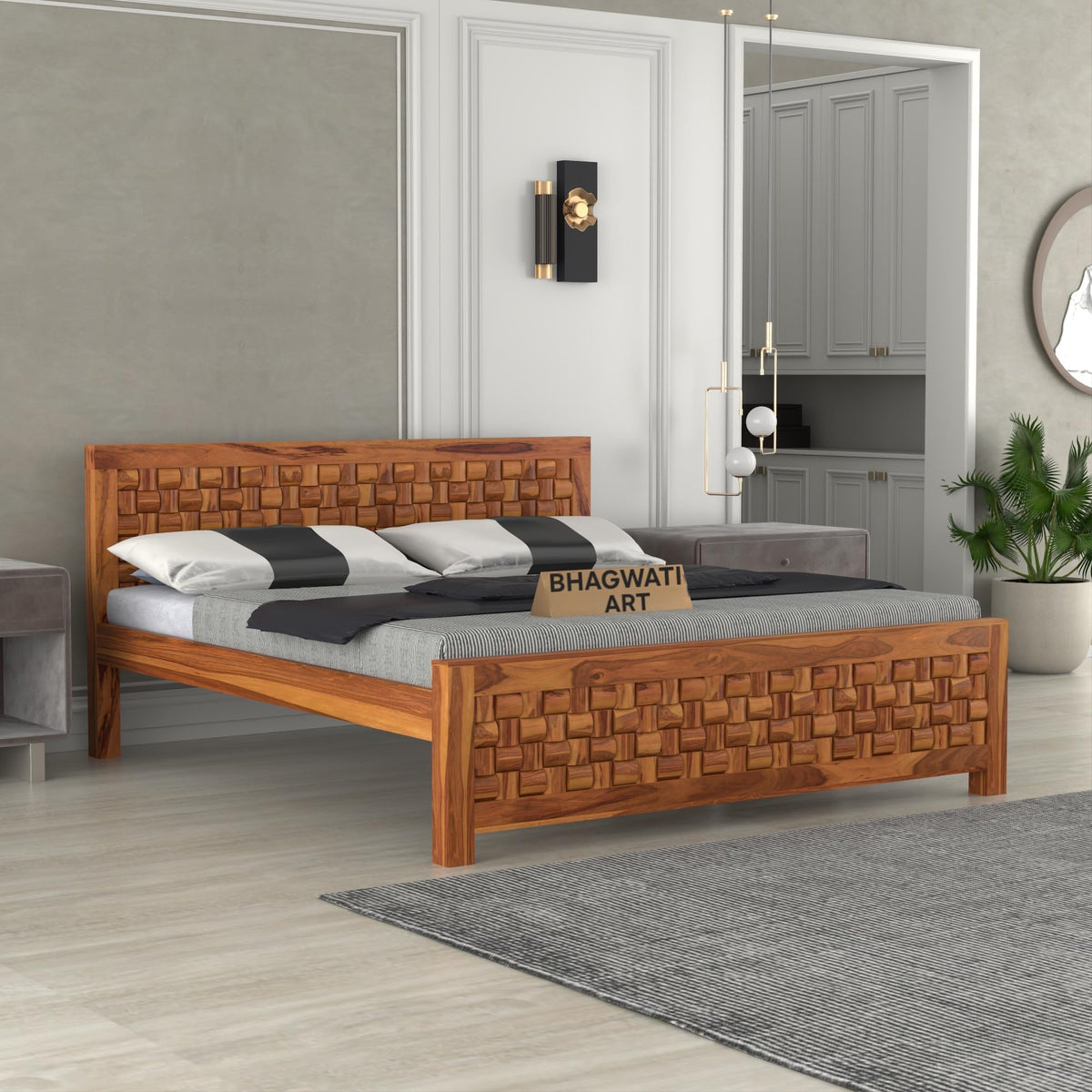 Bhagwati Art Sheesham Wood Bed without Storage – Niwar Design in Honey Finish