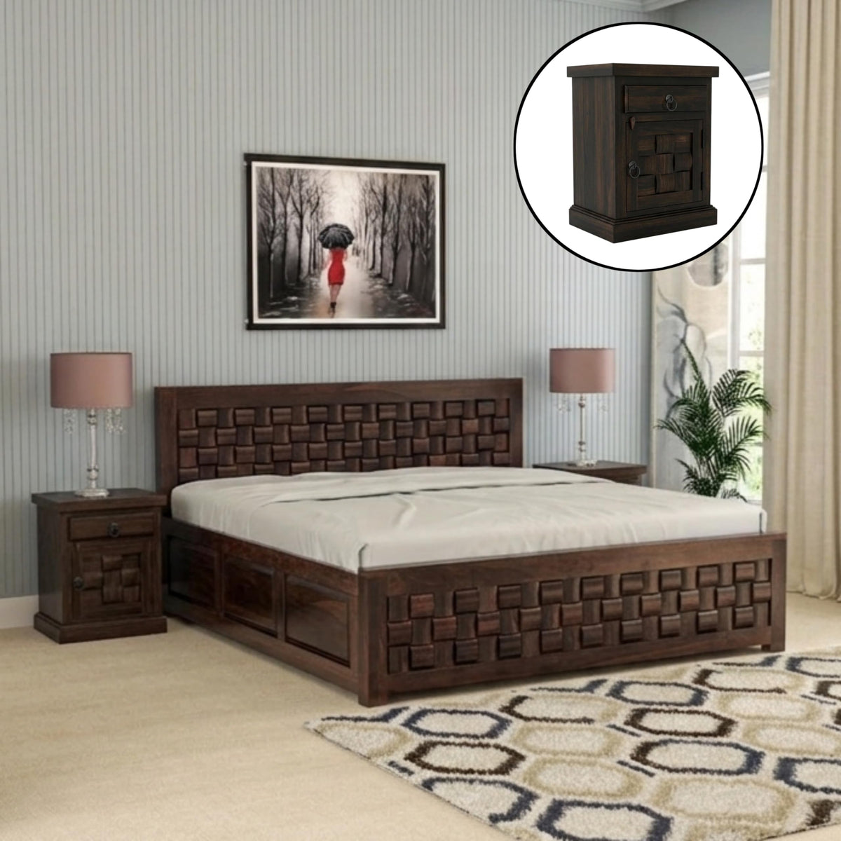 Bhagwati Art Sheesham Bed with Storage & 2 Bedside Tables – Niwar in Walnut Finish