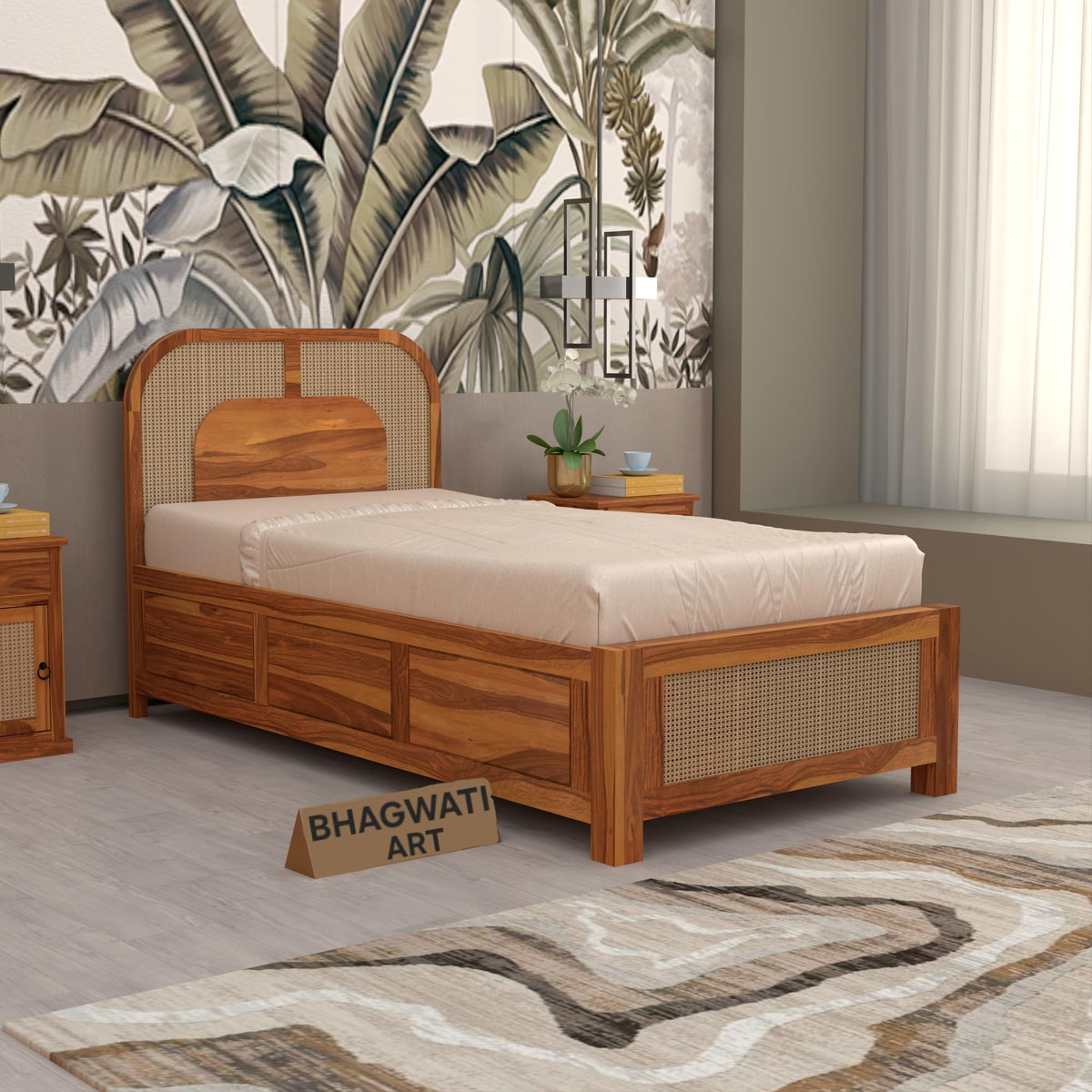 Bhagwati Art Sheesham Single Bed with Box Storage – 5 Jali Rattan Cane in Honey Finish