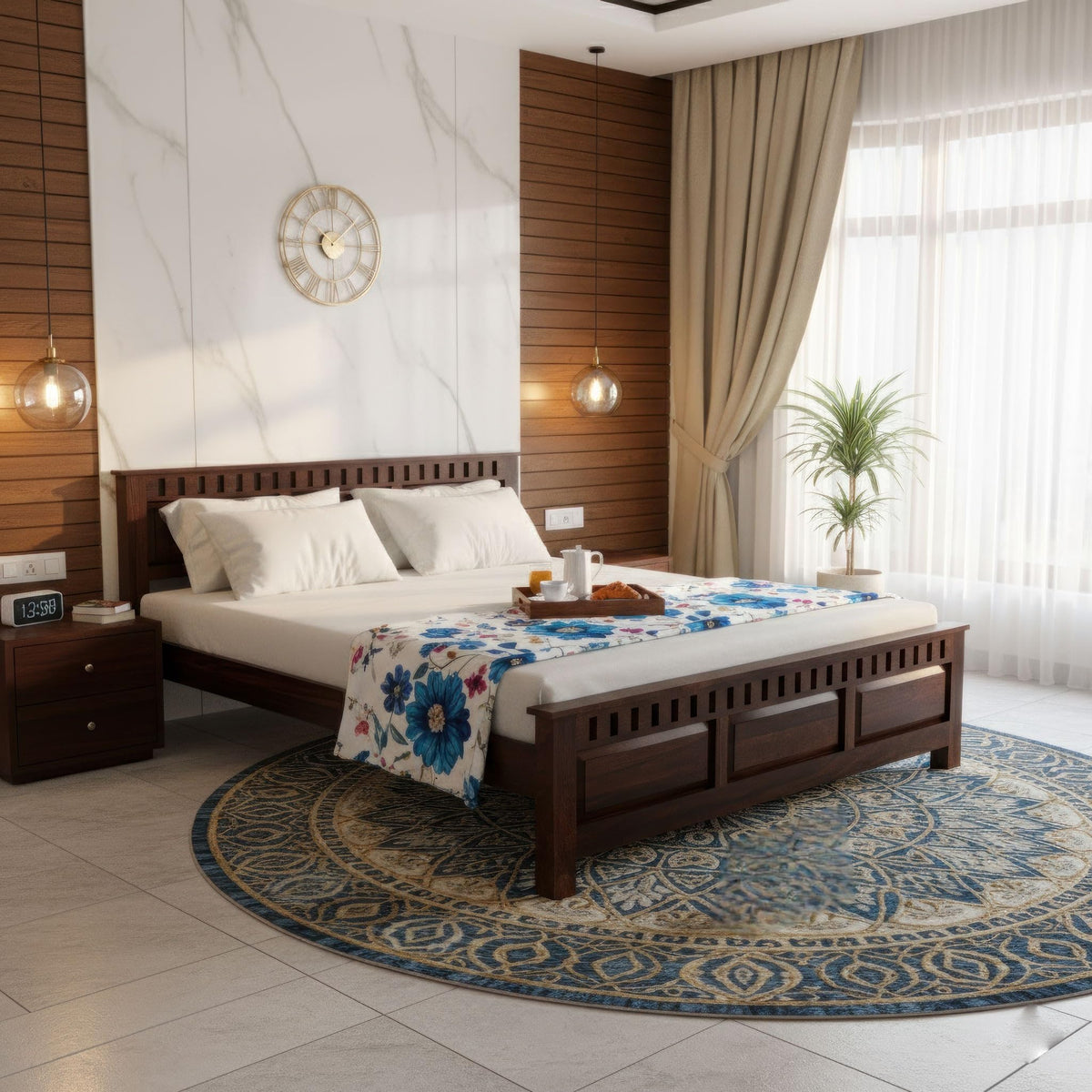 Bhagwati Art Sheesham Wood Bed without Storage – Kuber Design in Walnut Finish