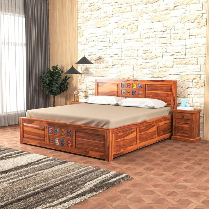 Bhagwati Art Sheesham Wood Bed with Box Storage – Tile Dalla Design in Honey Finish