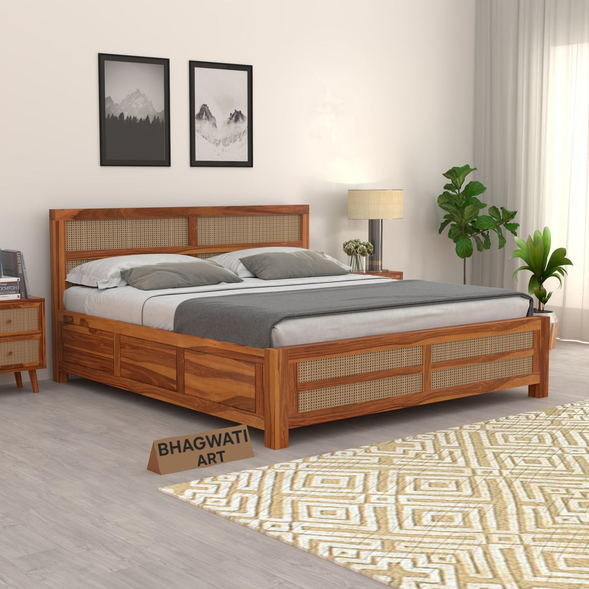 Bhagwati Art Sheesham Wood Bed with Box Storage – 8 Jali Rattan Cane in Honey Finish