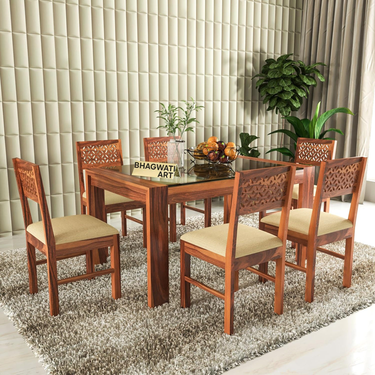 Bhagwati Art Sheesham Wood Dining Set with Urban Glass Top – Classic in Honey Finish