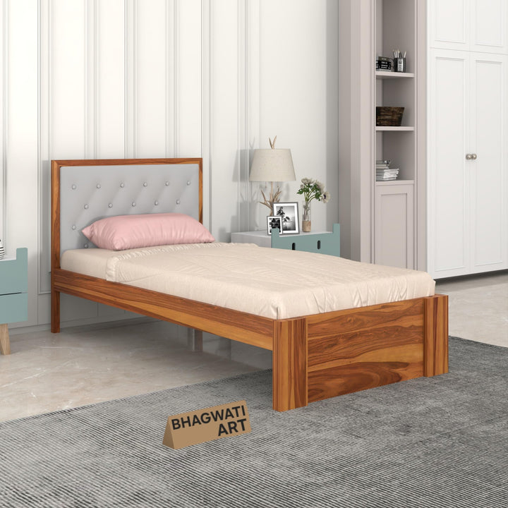 Bhagwati Art Sheesham Single Bed without Storage – Upholstered Diamond in Honey Finish