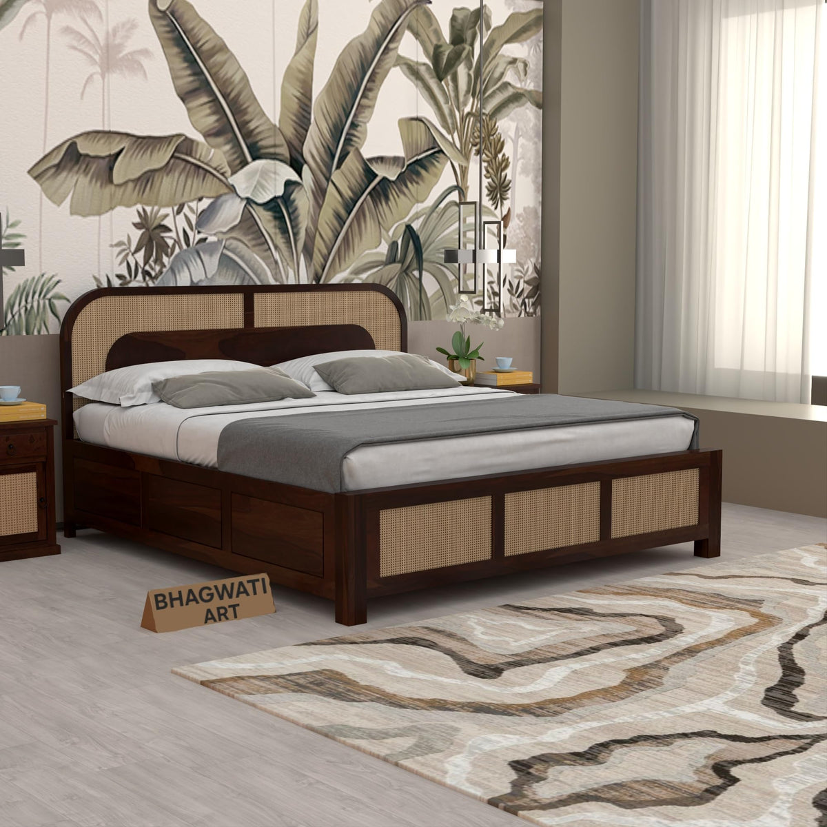 Bhagwati Art Sheesham Wood Bed with Box Storage – 5 Jali Rattan Cane in Walnut Finish