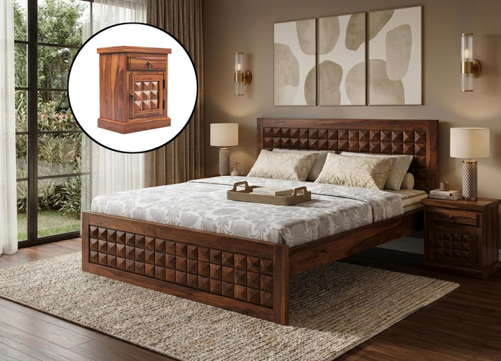 Bhagwati Art Sheesham Bed with 2 Bedside Tables, No Storage – Diamond in Honey Finish