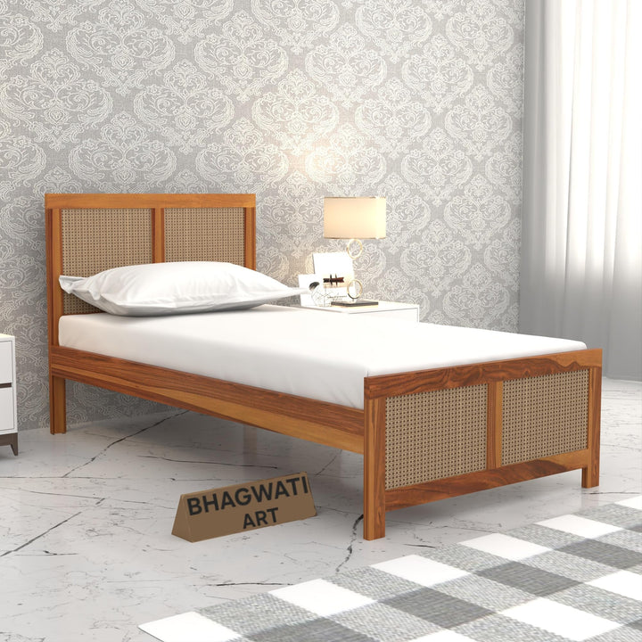 Bhagwati Art Sheesham Single Bed without Storage – 4 Jali Rattan Cane in Honey Finish