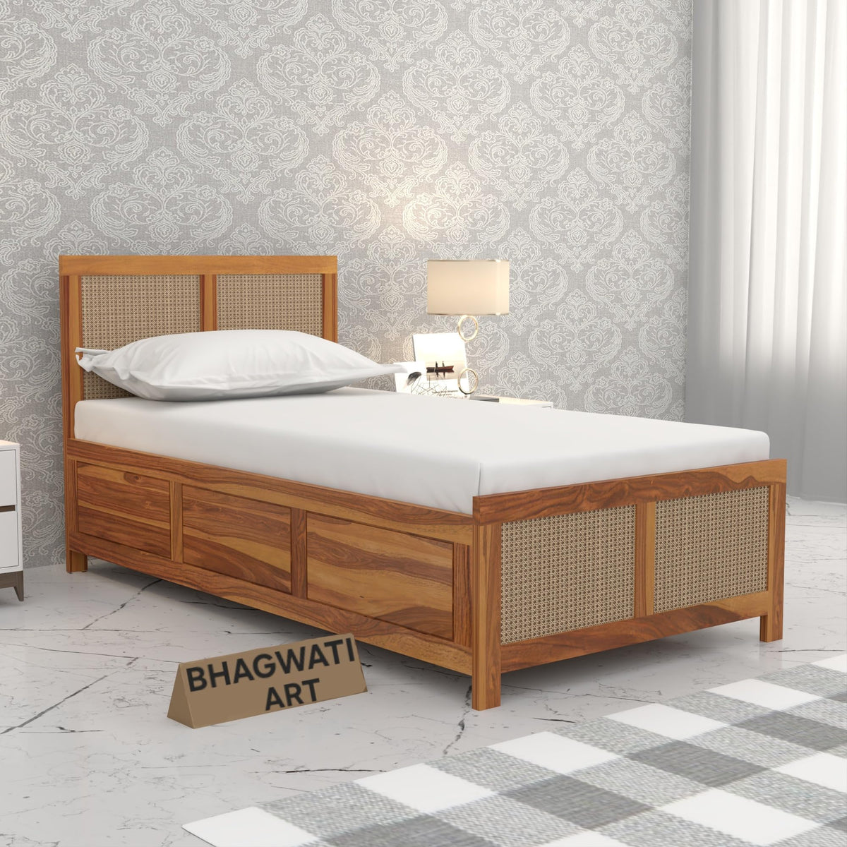 Bhagwati Art Sheesham Single Bed with Box Storage – 4 Jali Rattan Cane in Honey Finish