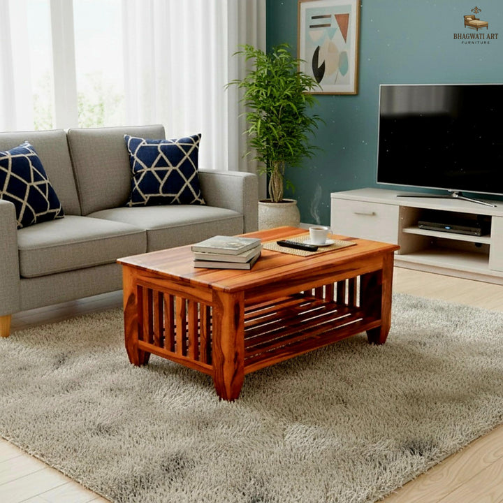 Bhagwati Art Sheesham Wood Coffee Table with Shelf – Fanti Design in Honey Finish