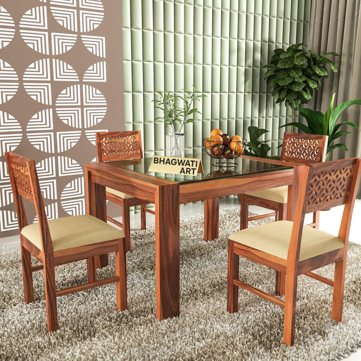 Bhagwati Art Sheesham Wood Dining Set with Glass Top – Classic Design in Honey Finish