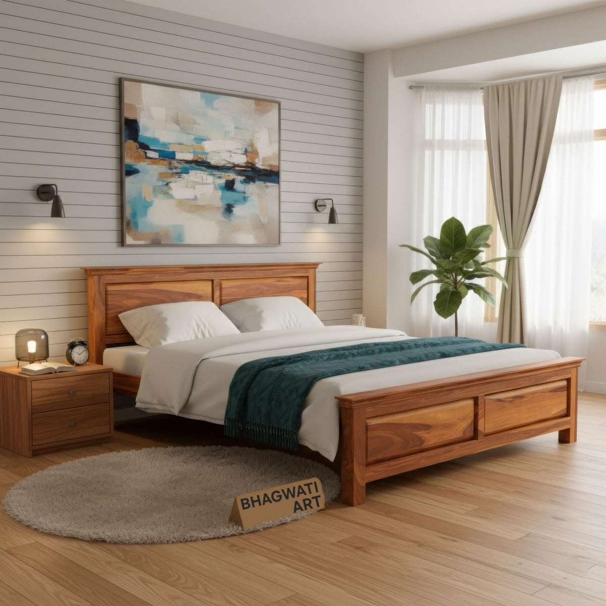 Bhagwati Art Sheesham Wood Bed without Storage – 2 Dalla Design in Honey Finish