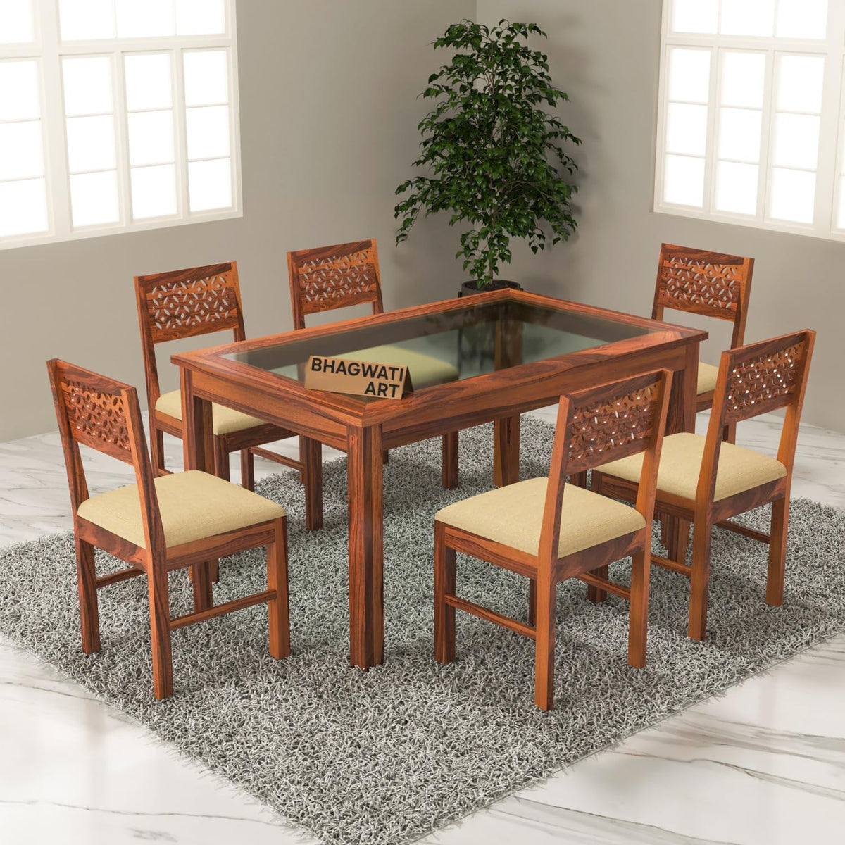 Bhagwati Art Sheesham Wood Dining Set with Urban Glass Top – Plain in Honey Finish