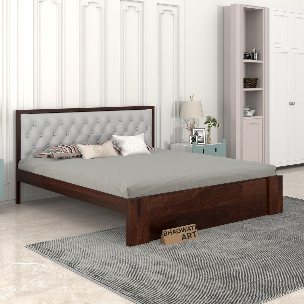 Bhagwati Art Sheesham Wood Bed without Storage – Upholstered Diamond in Walnut Finish