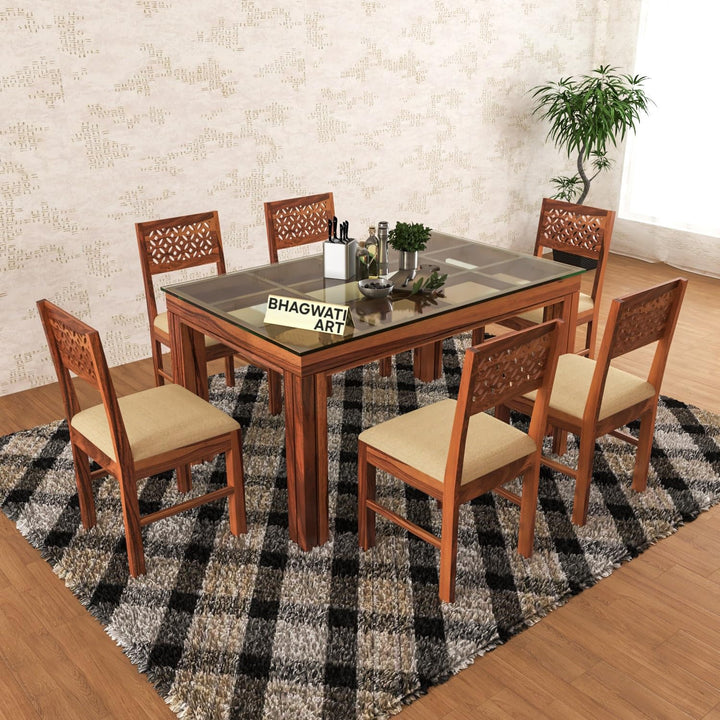 Bhagwati Art Sheesham Wood Dining Set with Urban Glass Top – Modern in Honey Finish