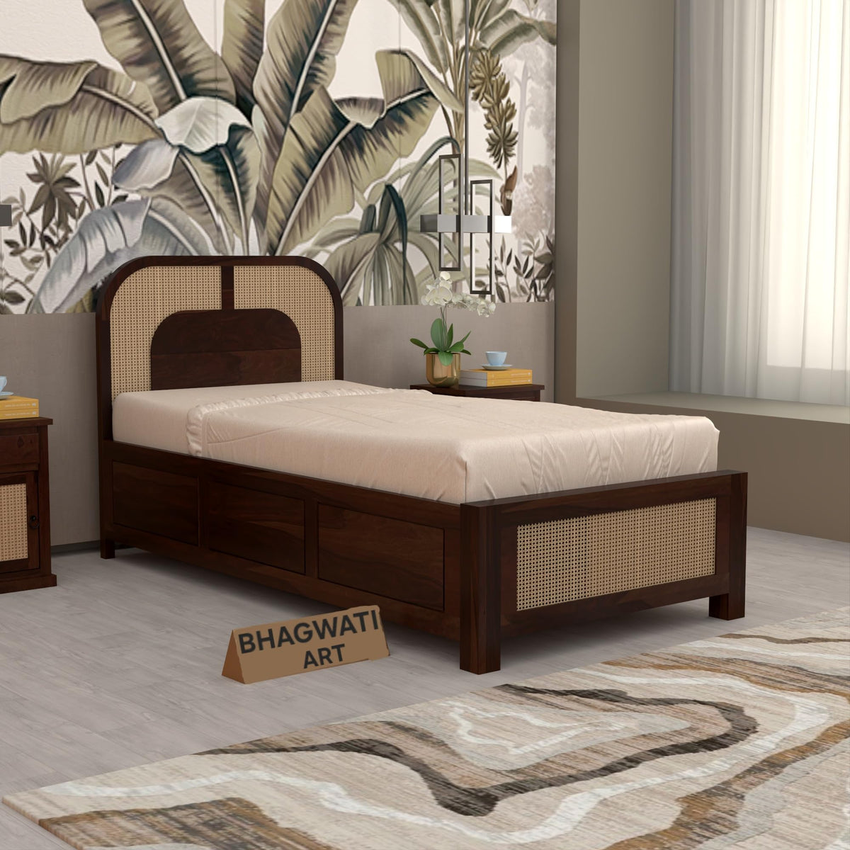 Bhagwati Art Sheesham Single Bed with Box Storage – 5 Jali Rattan Cane in Walnut Finish